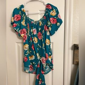 Teal floral print blouse